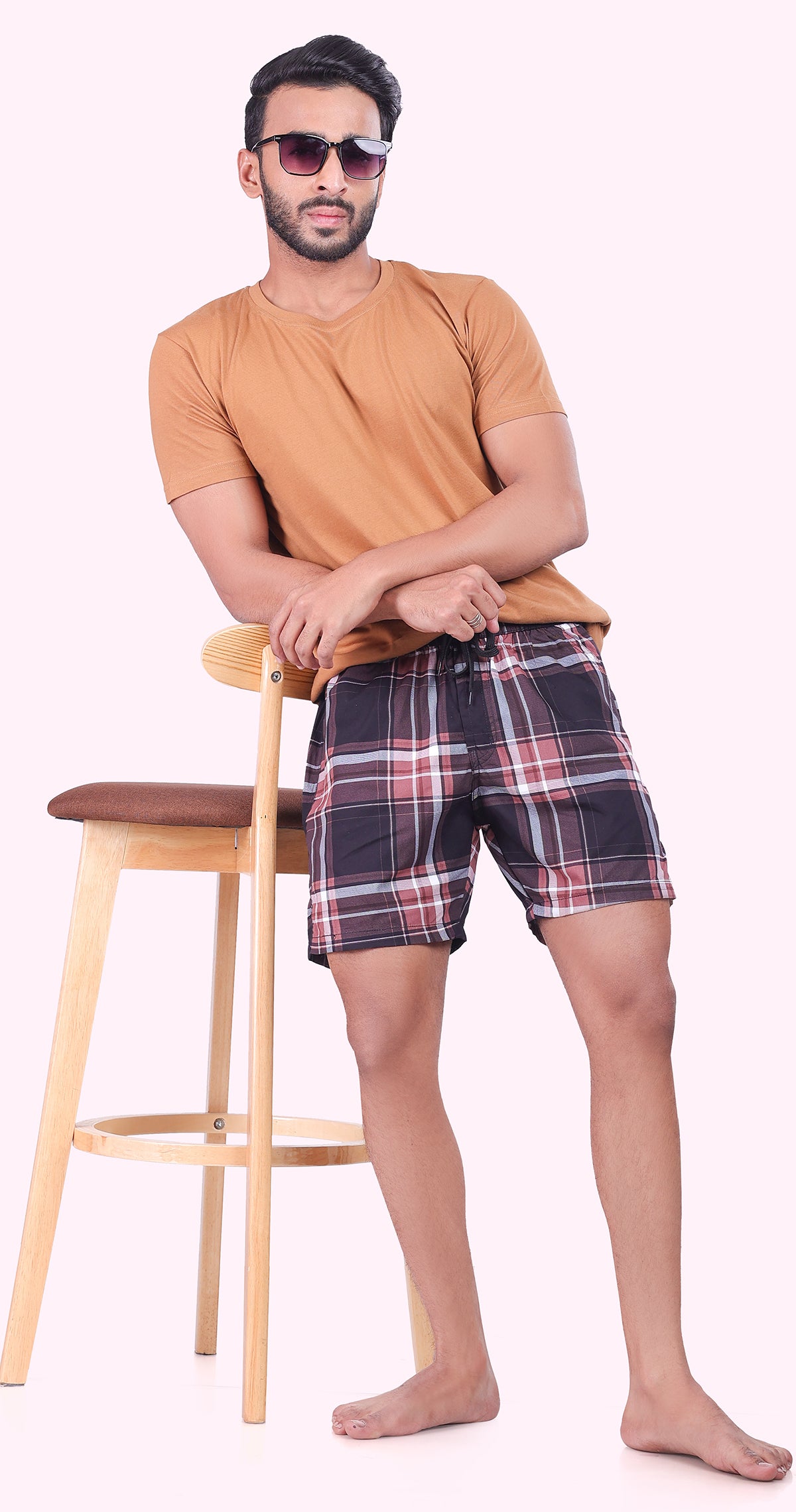 Men's Brown Sun Seeker Shorts Check Bermuda Comfort Cotton