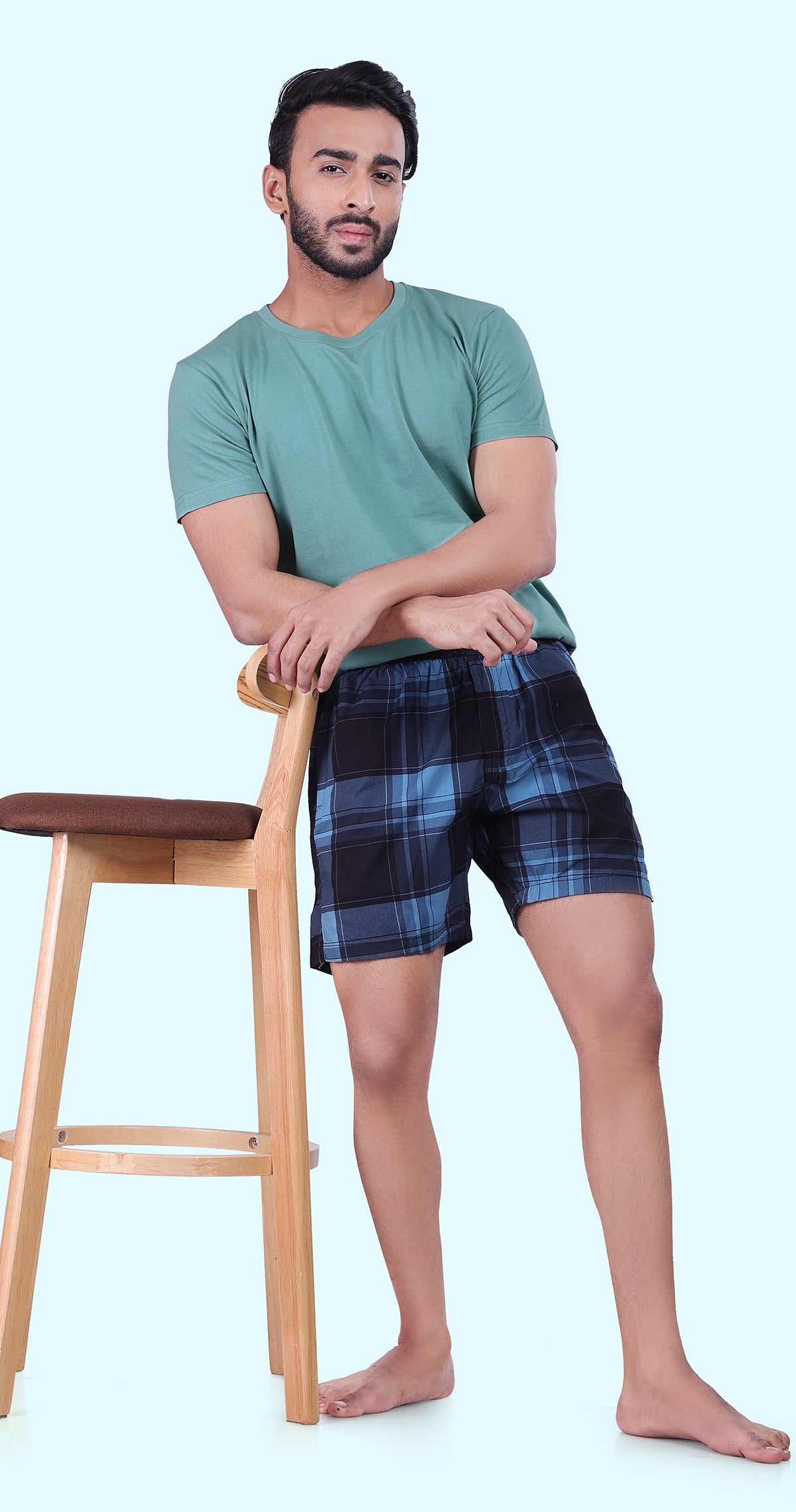 Men's Blue Sun Seeker Shorts Check Bermuda Comfort Cotton