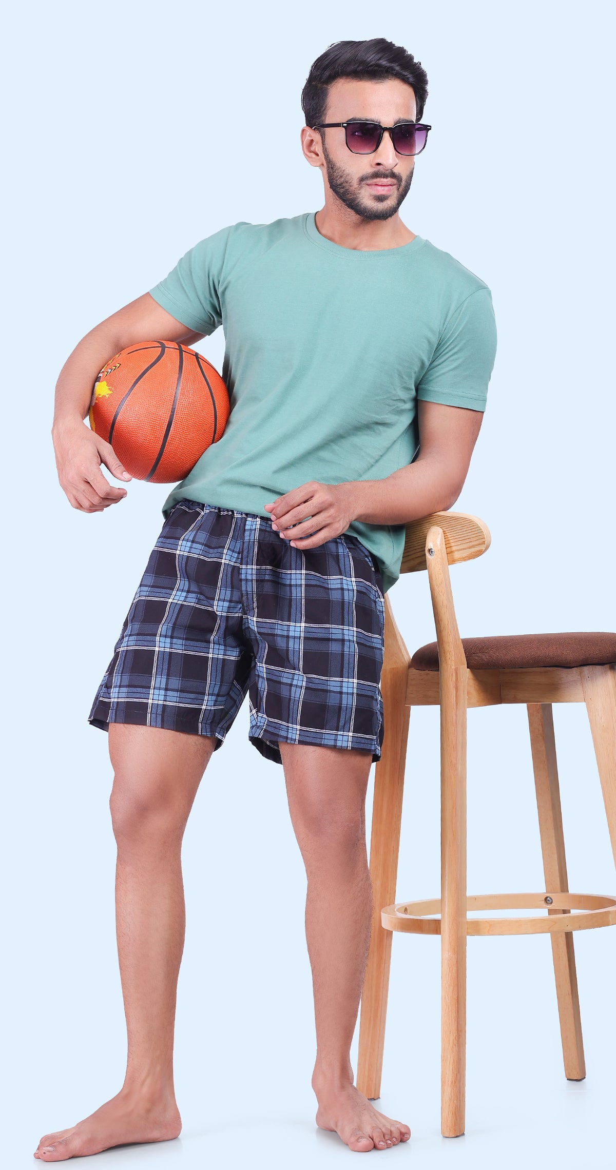 Men's Dark Blue Sun Seeker Shorts Check Bermuda Comfort Cotton