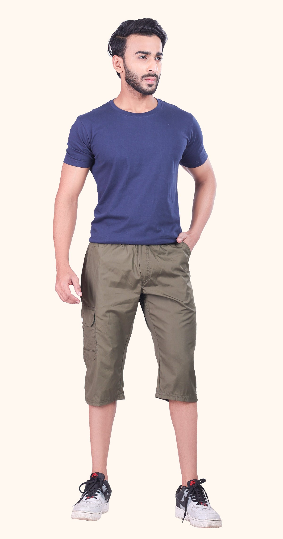Men's Green Casual Stride Capri Solid Print Comfort Cotton