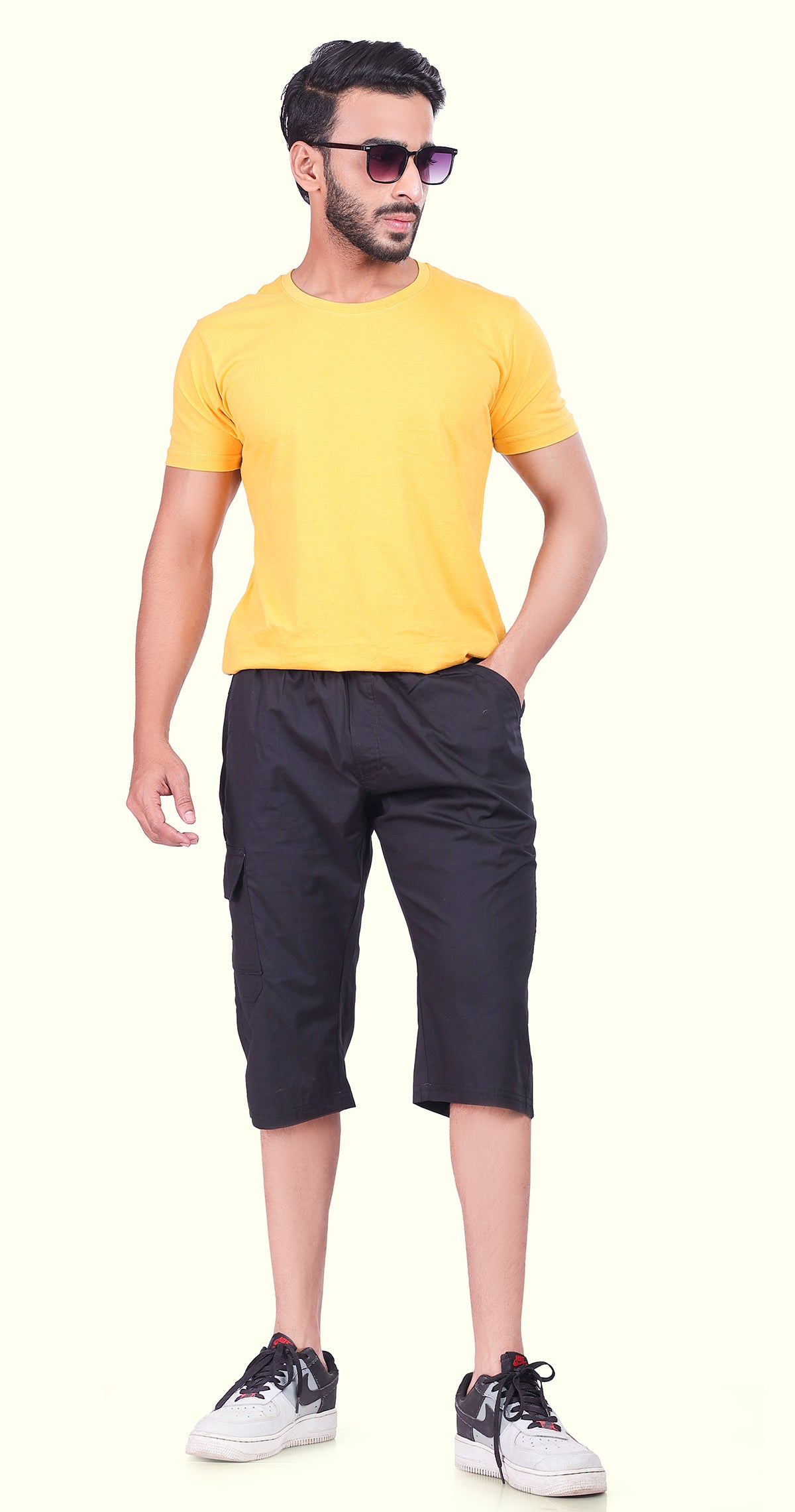Men's Black Casual Stride Capri Solid Print Comfort Cotton