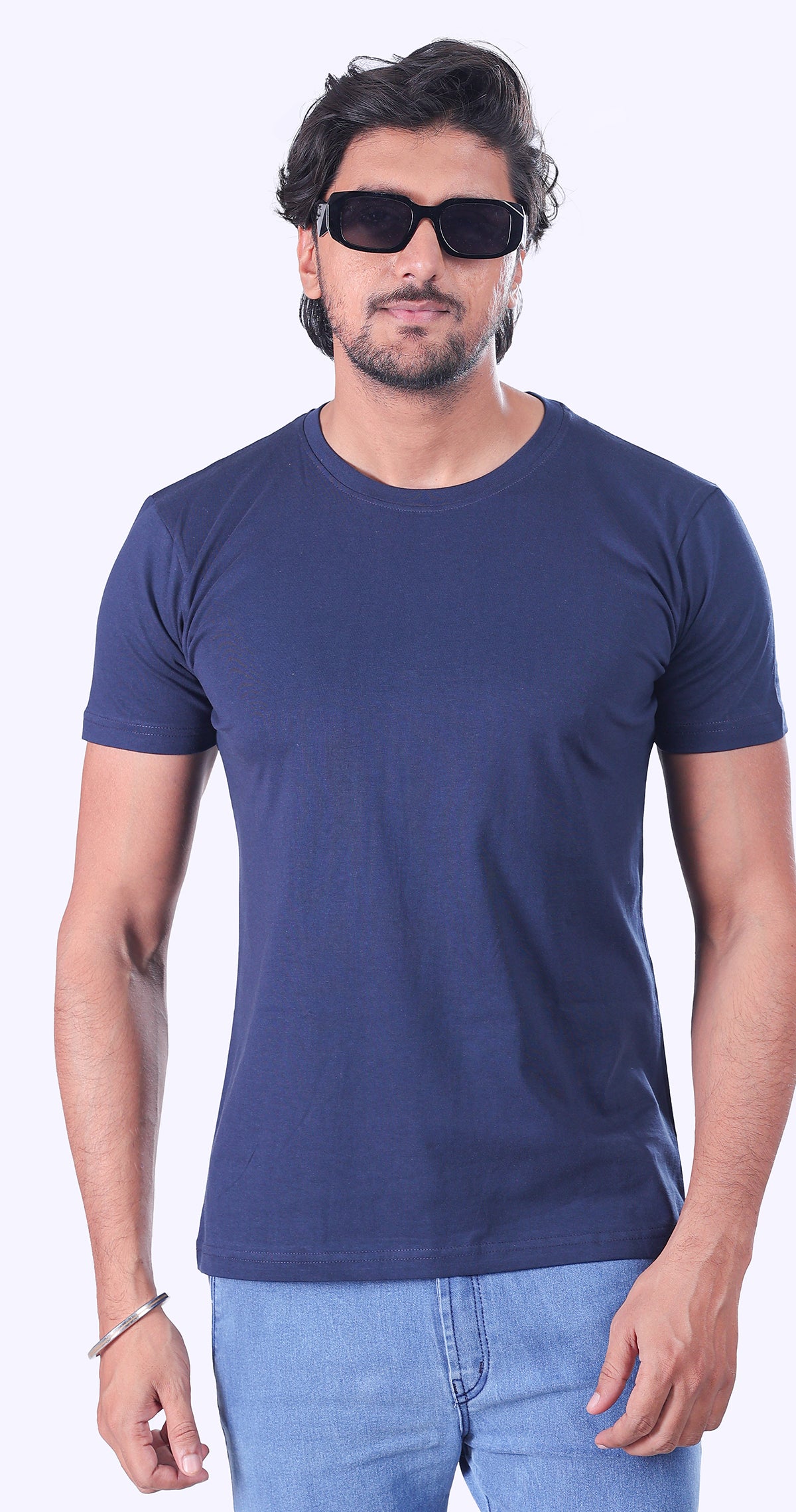 White And Navy Blue Plain T-Shirts - Set Of 2