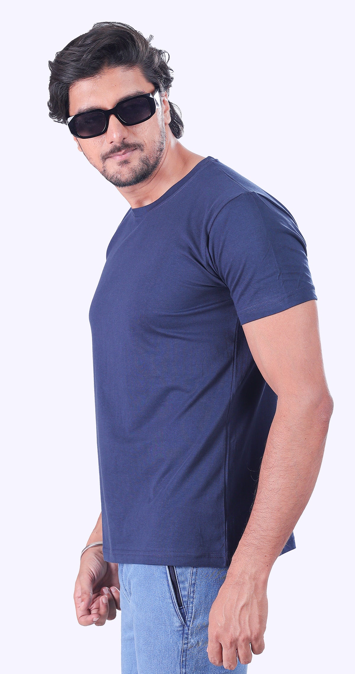 White And Navy Blue Plain T-Shirts - Set Of 2