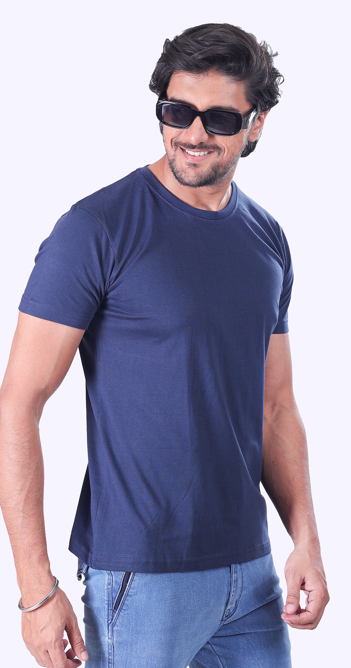 White And Navy Blue Plain T-Shirts - Set Of 2