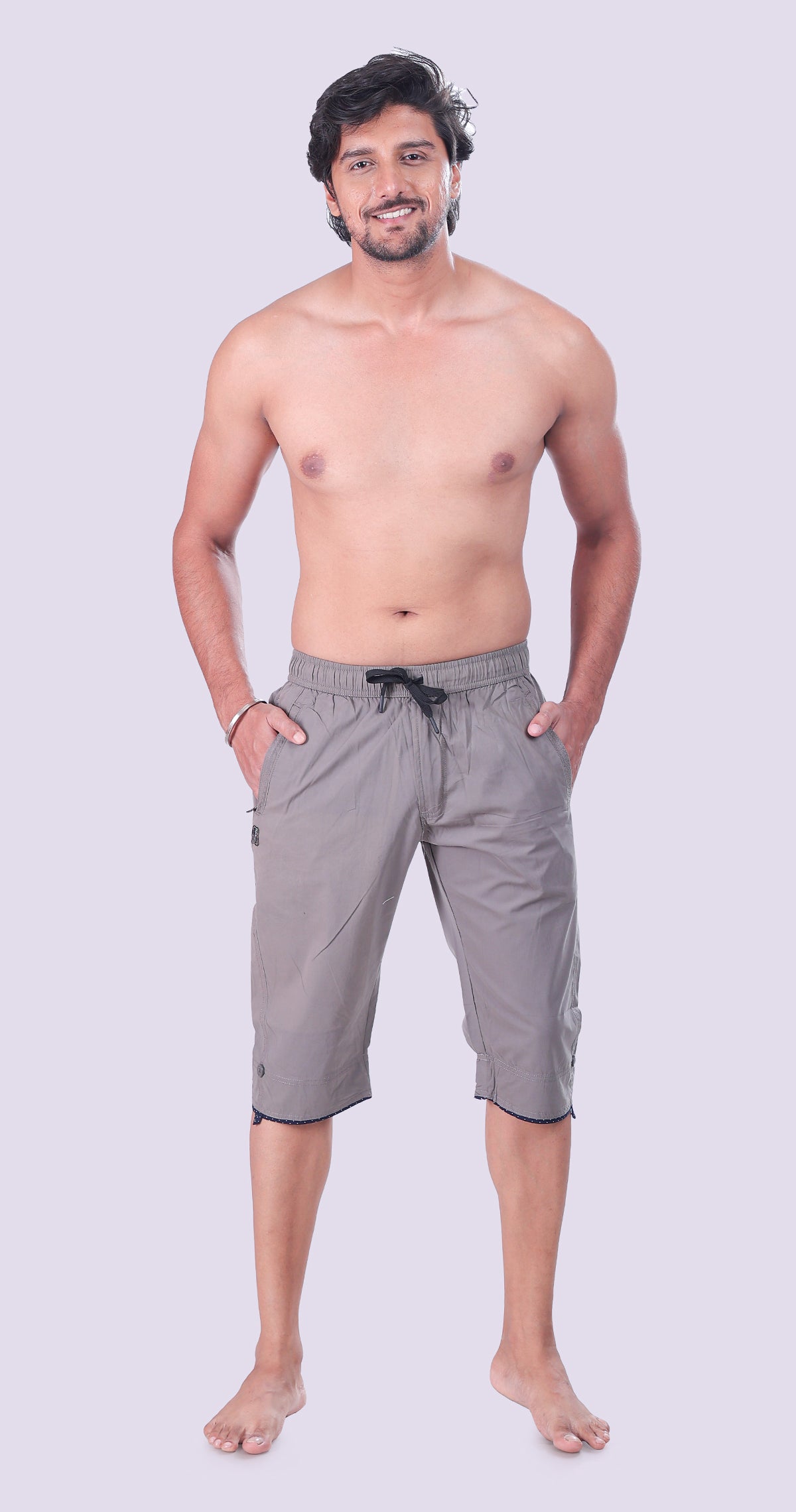 Men's Grey Summer Ease Capri Solid Print Comfort Cotton