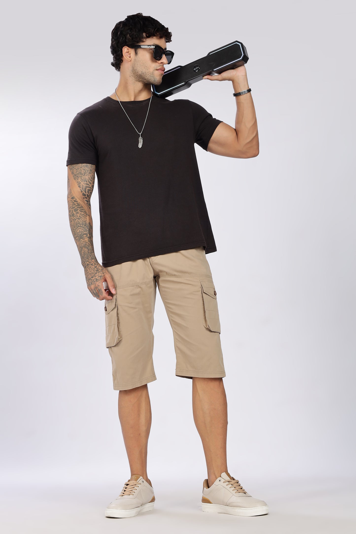 Men's Light Biscuit Trendy Trails Capri Solid Print Comfort Cotton