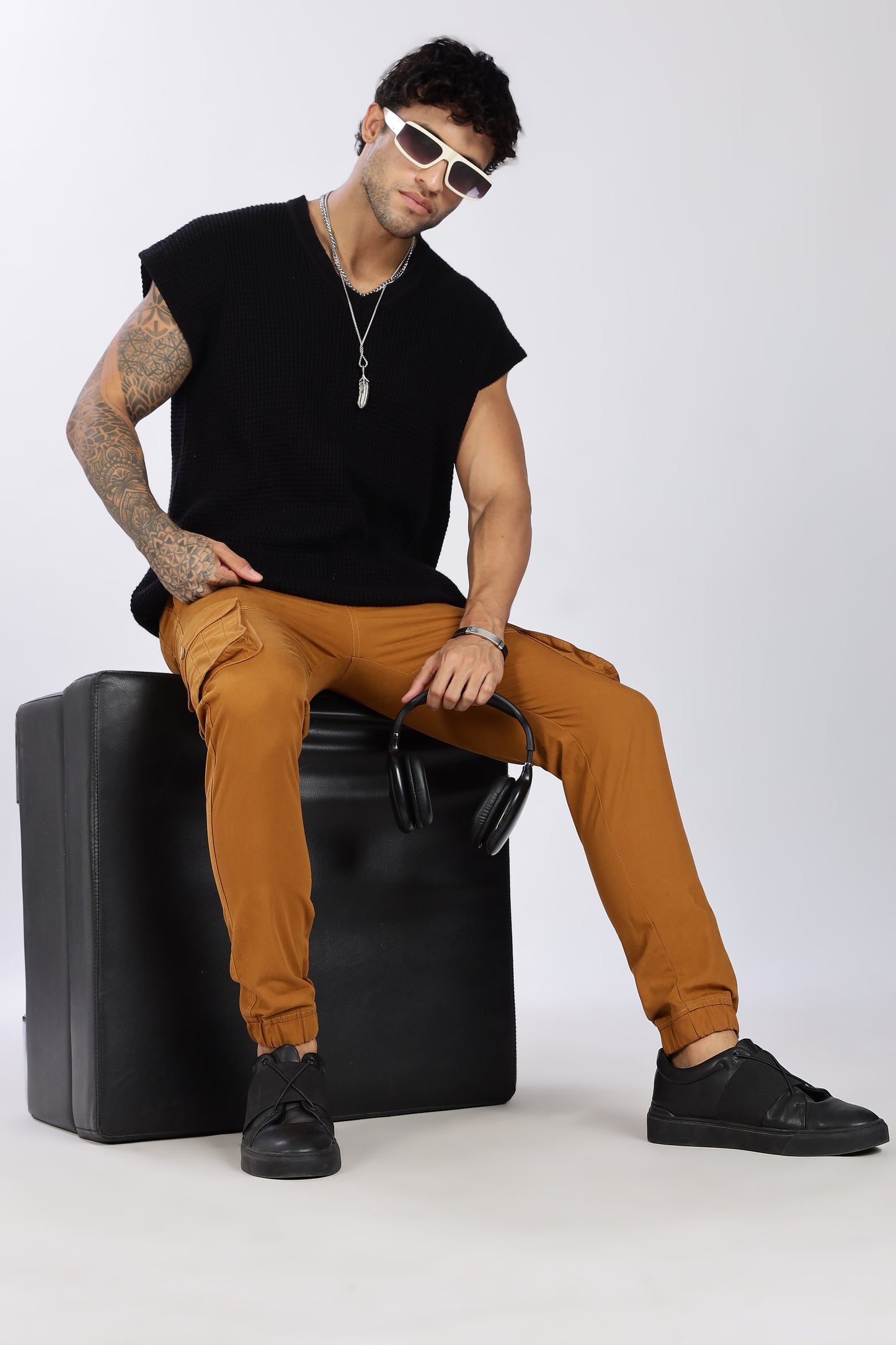 Men's Mustard Brown Performance Pulse Solid Jogger Cotton