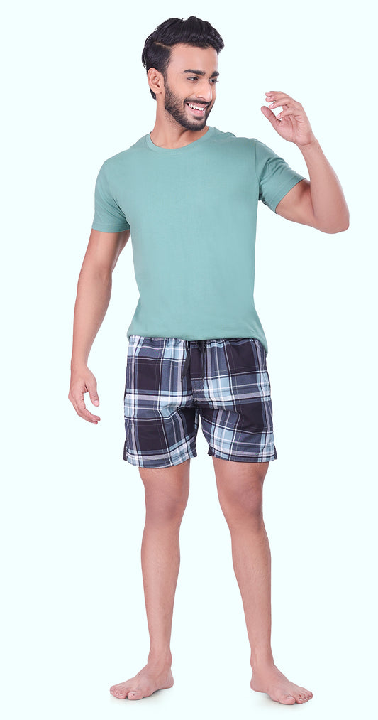 Men's Green Sun Seeker Shorts Check Bermuda Comfort Cotton