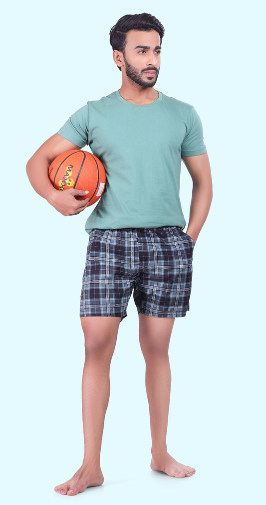 Men's Grey Sun Seeker Shorts Check Bermuda Comfort Cotton