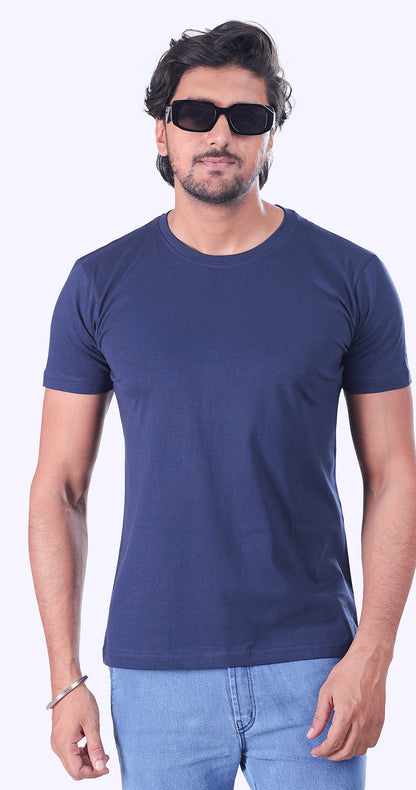 White And Navy Blue Plain T-Shirts - Set Of 2
