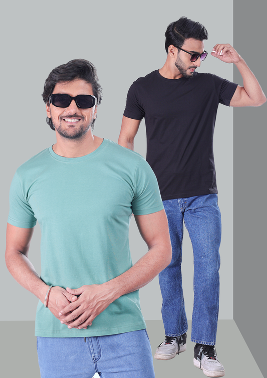 Black And Light Green Plain T-Shirts