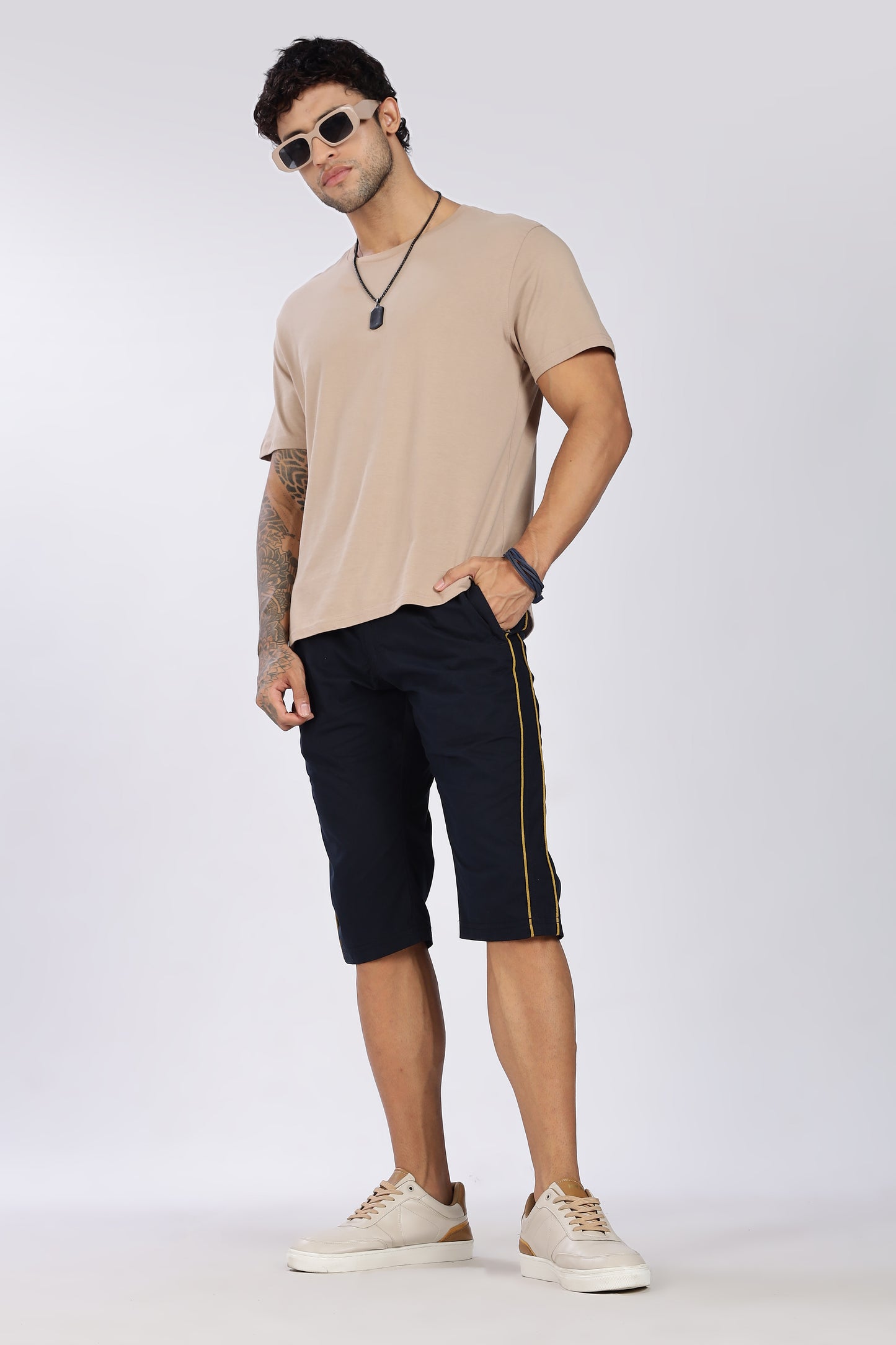 Men's Dark Blue Cool Comfort Capri Solid Print Comfort Cotton