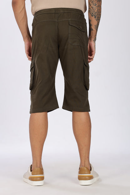 Men's Olive Green Trendy Trails Capri Solid Print Comfort Cotton