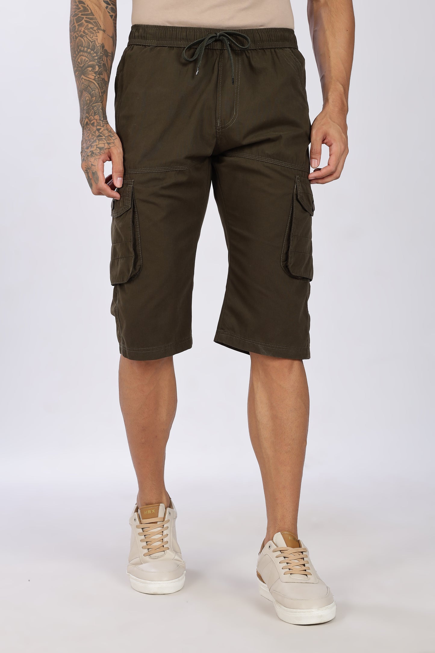 Men's Olive Green Trendy Trails Capri Solid Print Comfort Cotton