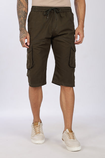 Men's Olive Green Trendy Trails Capri Solid Print Comfort Cotton
