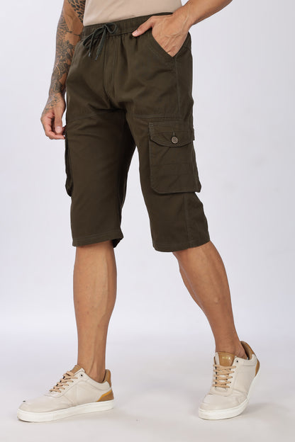 Men's Olive Green Trendy Trails Capri Solid Print Comfort Cotton