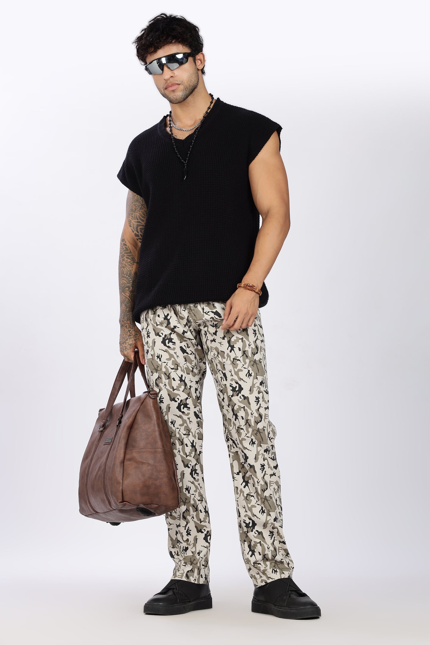 Men's Beige Urban Chill Pyjama PantsMilitary Print Comfort Cotton