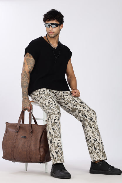 Men's Beige Urban Chill Pyjama PantsMilitary Print Comfort Cotton