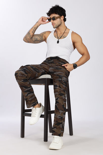 Men's Dark Brown Soft Stride Pyjama Pants Military Print Comfort Cotton