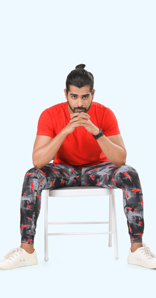 Men's Red and Grey Active Flex Printed Jogger Cotton