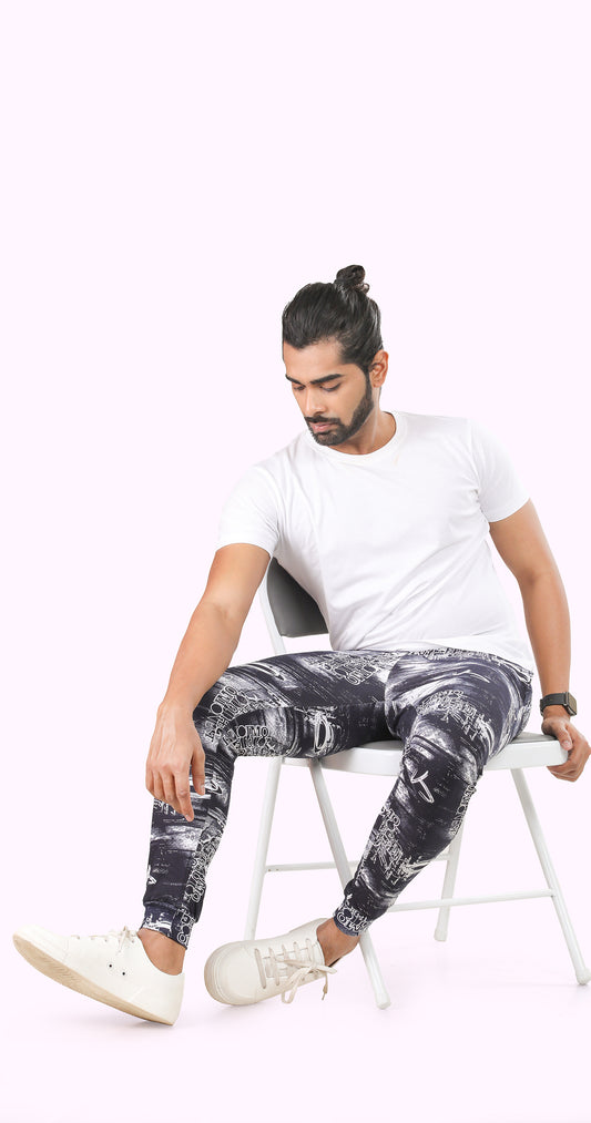 Men's White and Blue Active Flex Printed Jogger Cotton