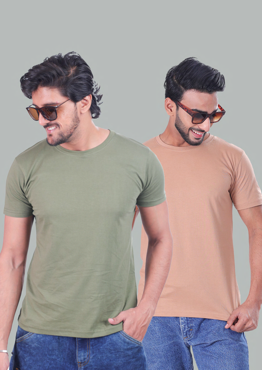 Beige And Green Plain T-Shirts